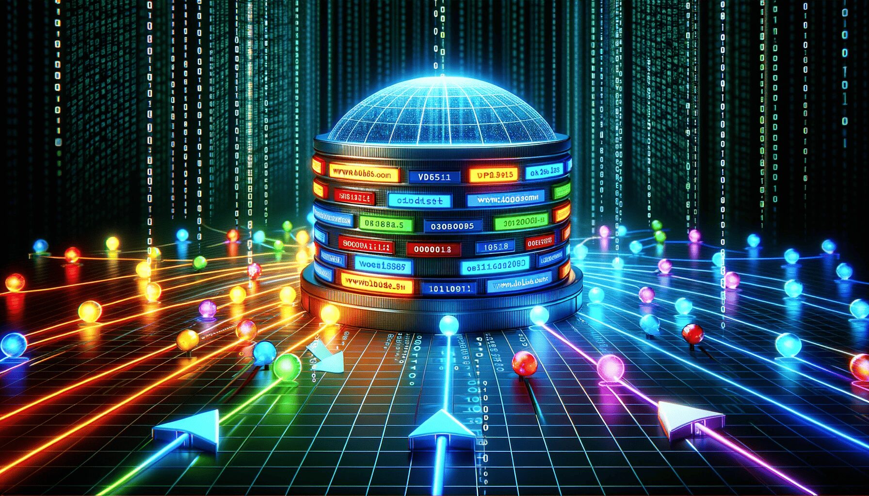 Blog dall·e 2023 10 31 21.17.05 photo illustration of a large detailed dns server situated in the center of the image. vibrant colored data packets represented by small glowing sph